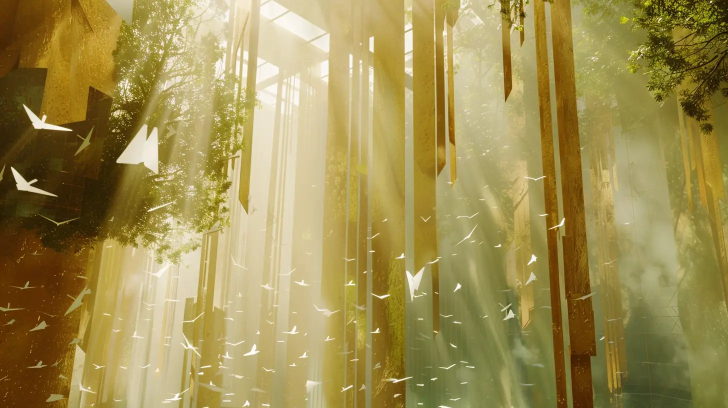 The Path To Impact — Abstract Architectural Forest Illuminated By Light And Motion Symbolising Purposeful Leadership And Measurable Outcomes